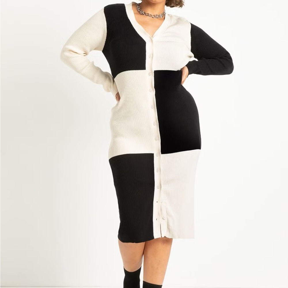 Black and White Colorblock ribbed plus/curve Cardigan Dress